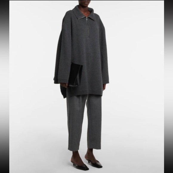 Toteme fisherman zipped wool blend roll neck sweater dark gray melange oversized - Picture 2 of 10